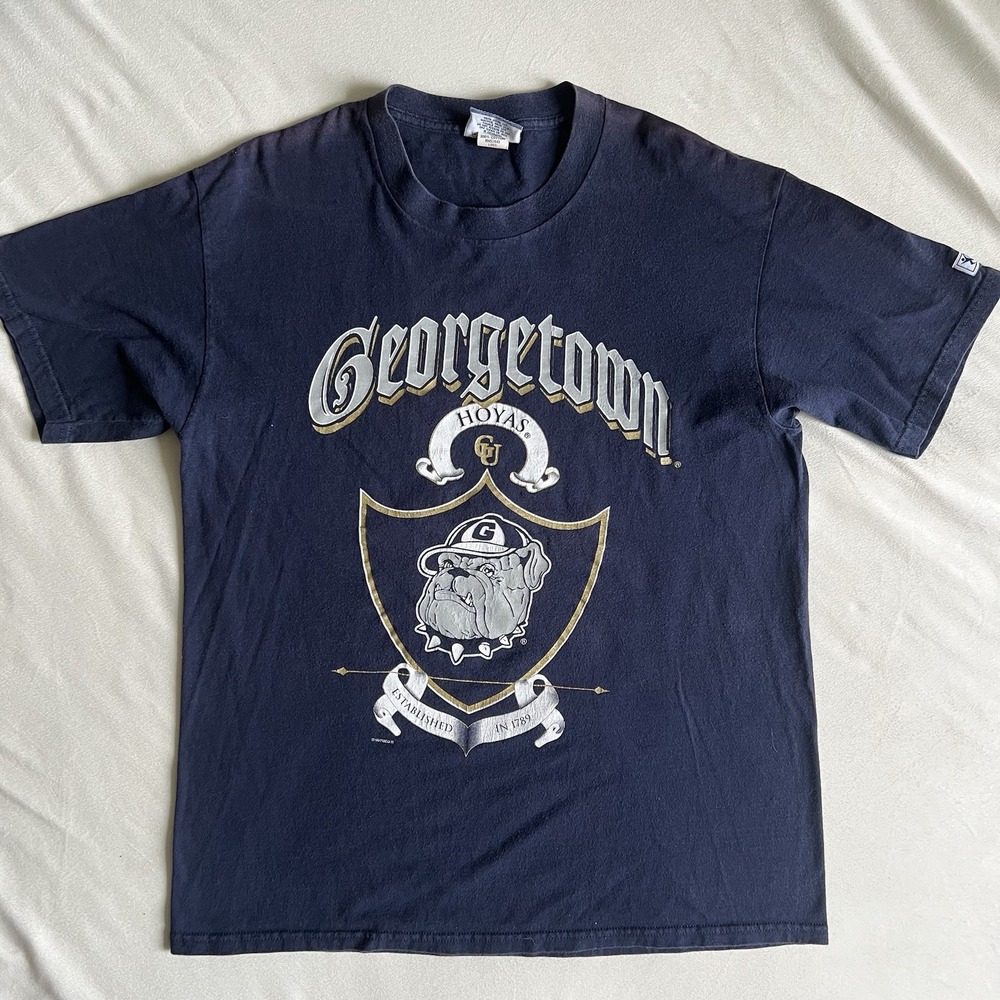 Georgetown Hoyas Navy Shirt Size L 100% Cotton Made in USA College 90s Vintage